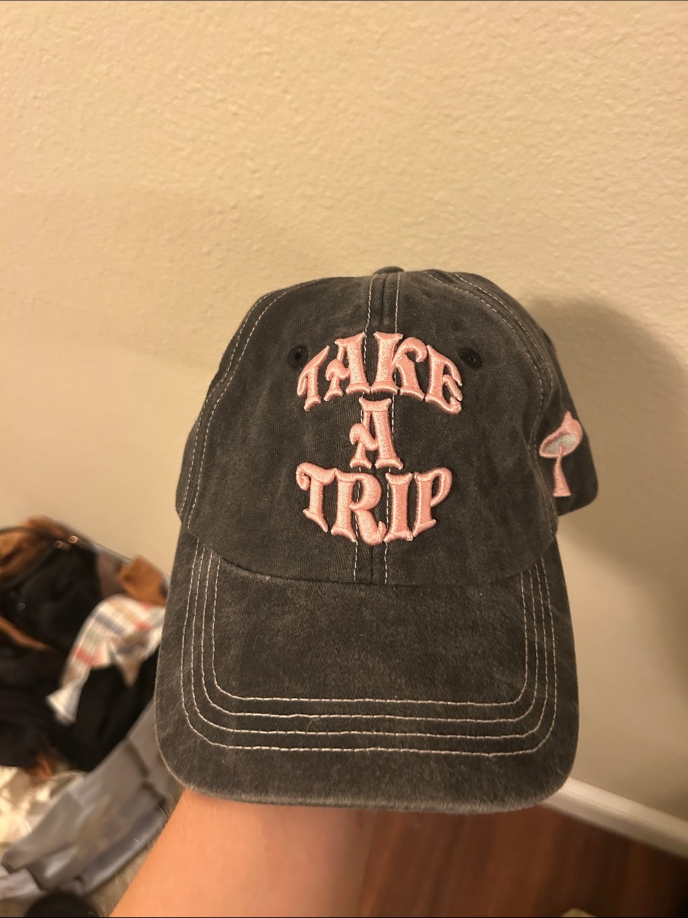 Take A Trip Pink Embroidered Black Baseball Cap